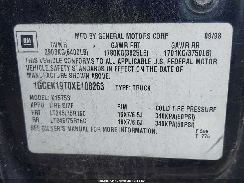 1999 Chevrolet Silverado 1500 Lt VIN: 1GCEK19T0XE108263 Lot: 43411415