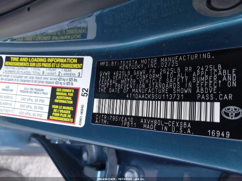 2025 Toyota Camry Se VIN: 4T1DAACK9SU113731 Lot: 43411425