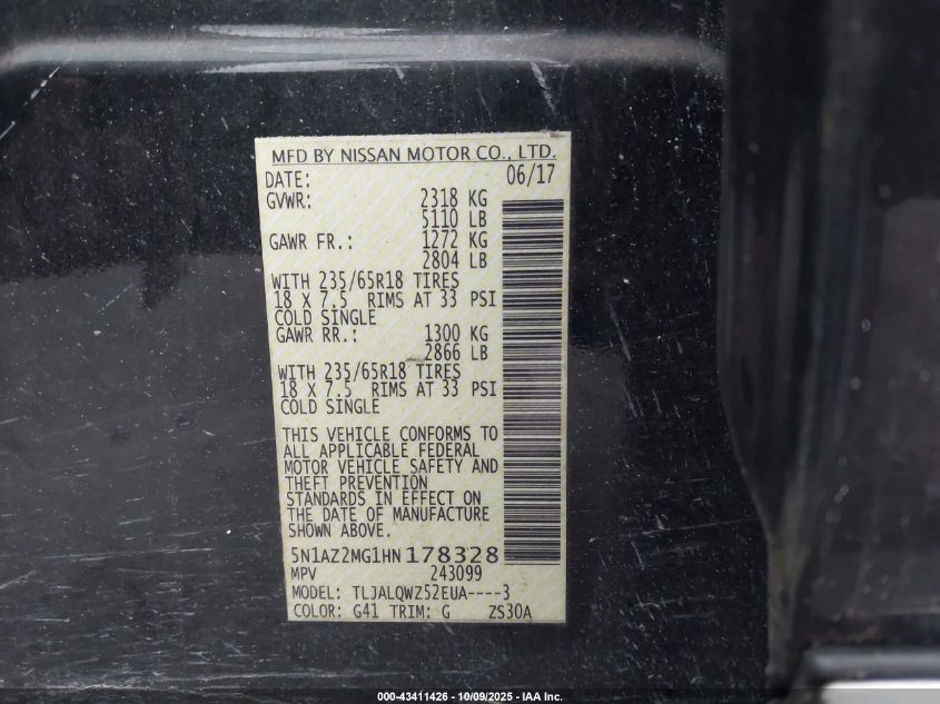 2017 Nissan Murano Sv VIN: 5N1AZ2MG1HN178328 Lot: 43411426