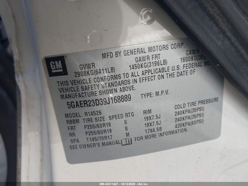 2009 Buick Enclave Cxl VIN: 5GAER23D39J168889 Lot: 43411427