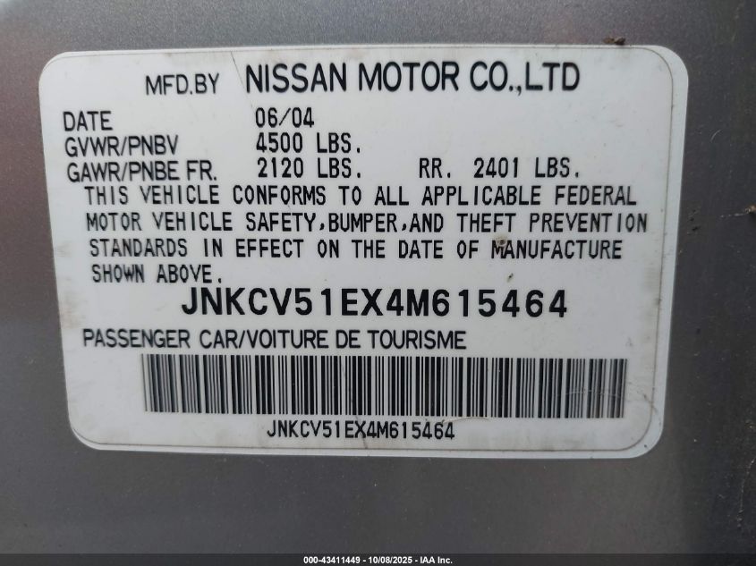 2004 Infiniti G35 VIN: JNKCV51EX4M615464 Lot: 43411449