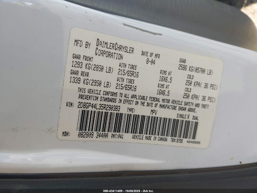 2005 Dodge Grand Caravan Sxt VIN: 2D8GP44L35R290383 Lot: 43411459