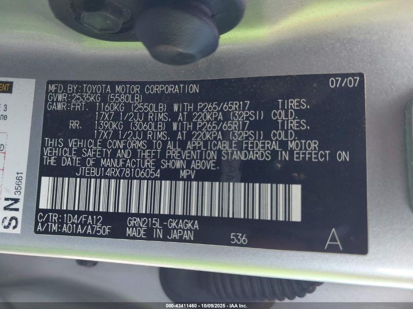 2007 Toyota 4Runner Sr5 V6 VIN: JTEBU14RX78106054 Lot: 43411460