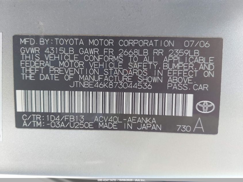 2007 Toyota Camry Le VIN: JTNBE46K873044536 Lot: 43411478