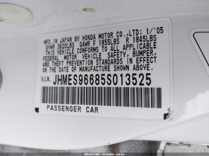 2005 Honda Civic Hybrid VIN: JHMES96685S013525 Lot: 43411483