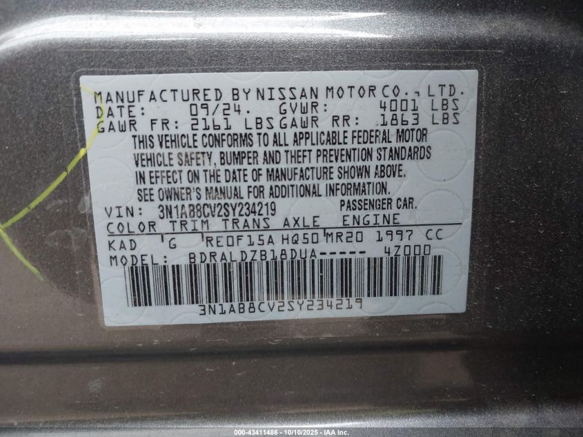 2025 Nissan Sentra Sv VIN: 3N1AB8CV2SY234219 Lot: 43411486