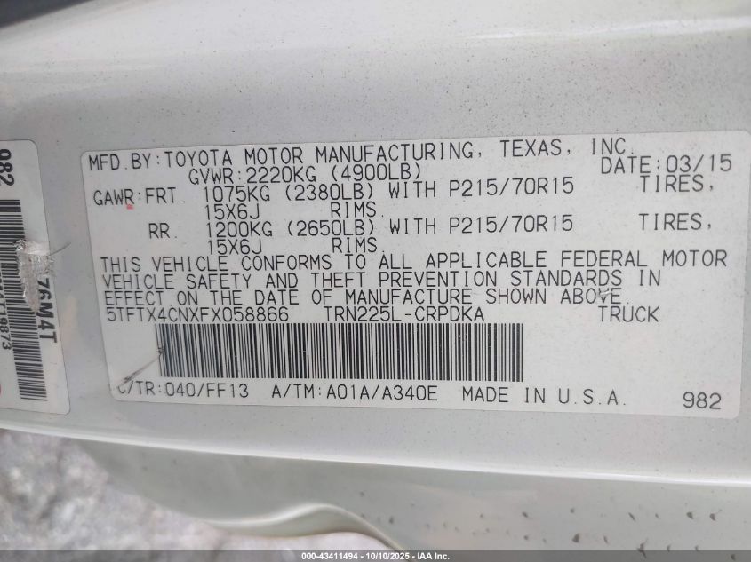 2015 Toyota Tacoma VIN: 5TFTX4CNXFX058866 Lot: 43411494