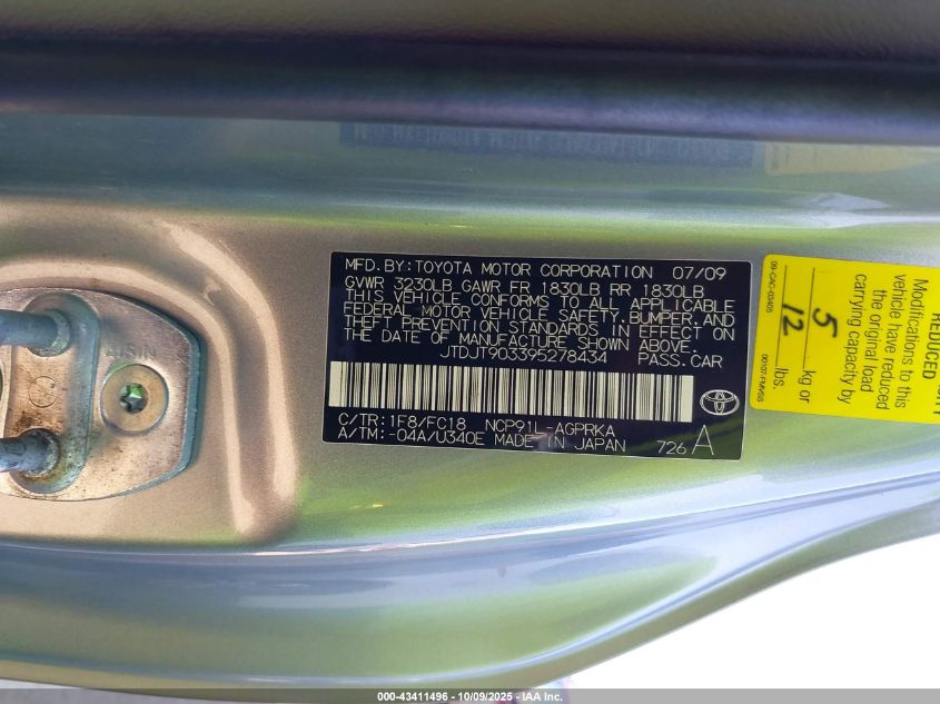 2009 Toyota Yaris VIN: JTDJT903395278434 Lot: 43411496