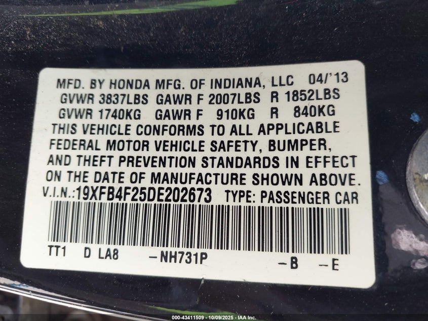 2013 HONDA CIVIC HYBRID 19XFB4F25DE202673