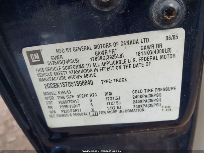 2005 Chevrolet Silverado 1500 Z71 VIN: 2GCEK13T551396840 Lot: 43411518