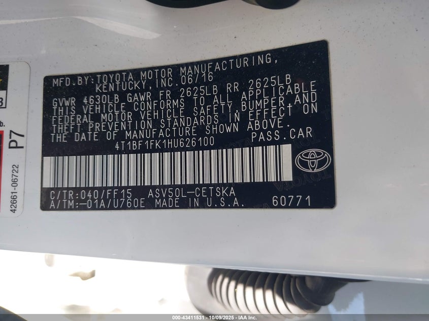 2017 Toyota Camry Se VIN: 4T1BF1FK1HU626100 Lot: 43411531