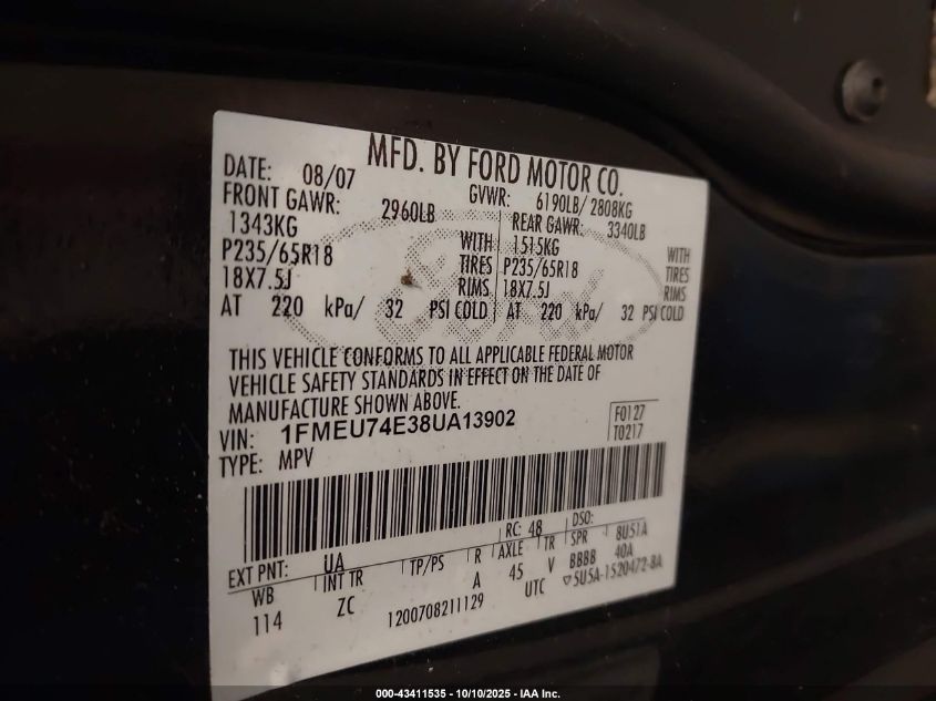 2008 Ford Explorer Eddie Bauer VIN: 1FMEU74E38UA13902 Lot: 43411535