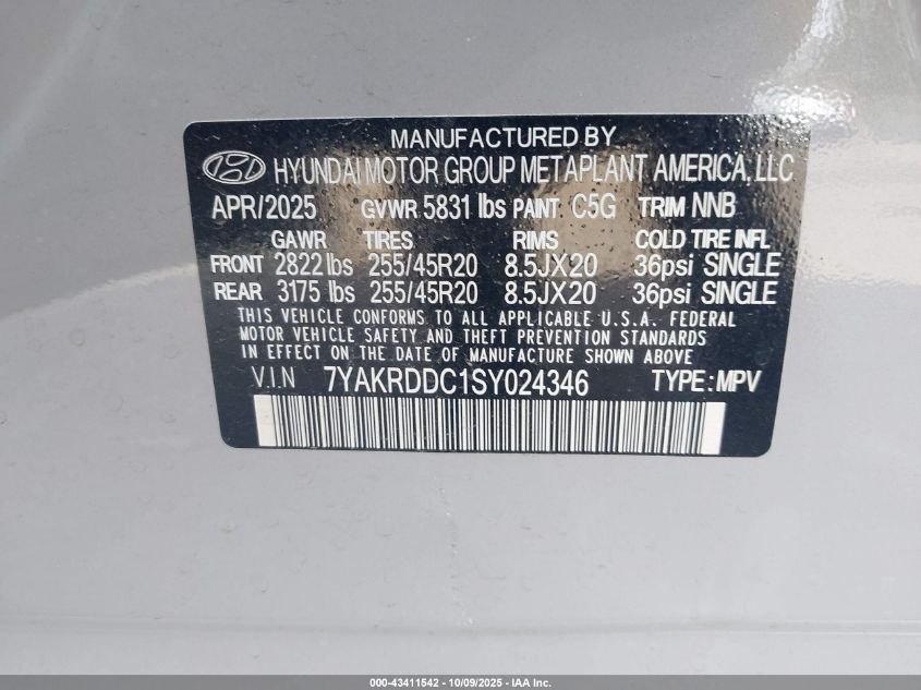 2025 Hyundai Ioniq 5 Limited VIN: 7YAKRDDC1SY024346 Lot: 43411542