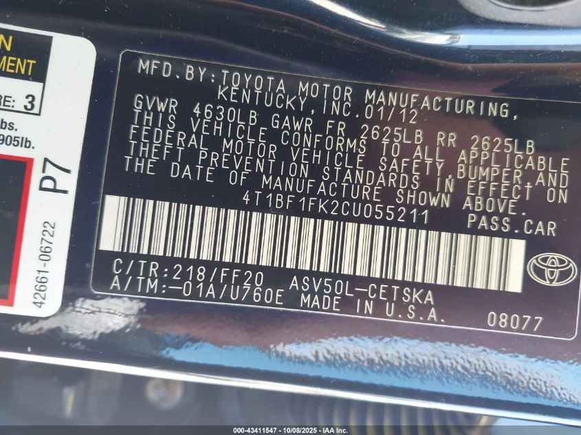 2012 Toyota Camry Se VIN: 4T1BF1FK2CU055211 Lot: 43411547