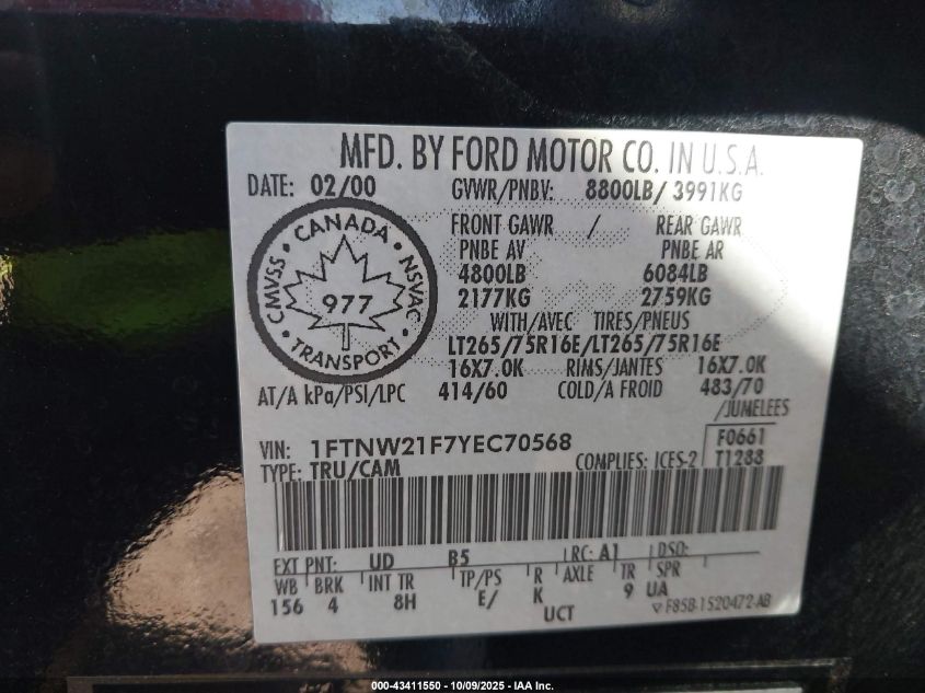 2000 Ford F-250 Lariat/Xl/Xlt VIN: 1FTNW21F7YEC70568 Lot: 43411550