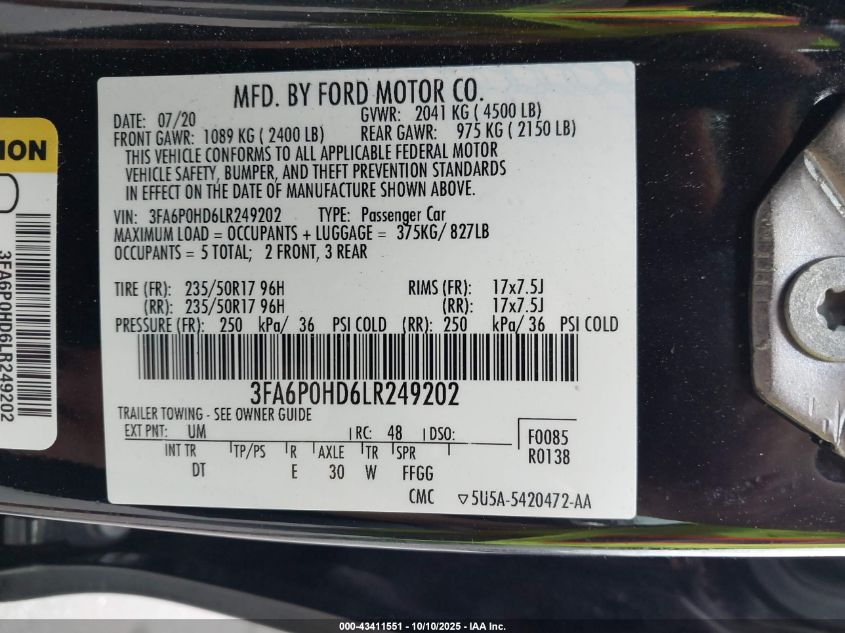 2020 Ford Fusion Se VIN: 3FA6P0HD6LR249202 Lot: 43411551