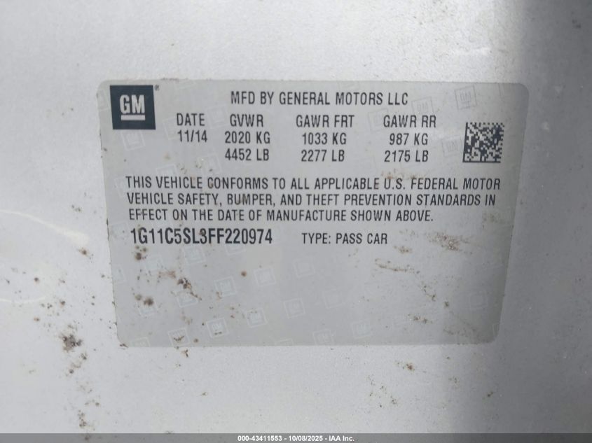 2015 Chevrolet Malibu 1Lt VIN: 1G11C5SL3FF220974 Lot: 43411553