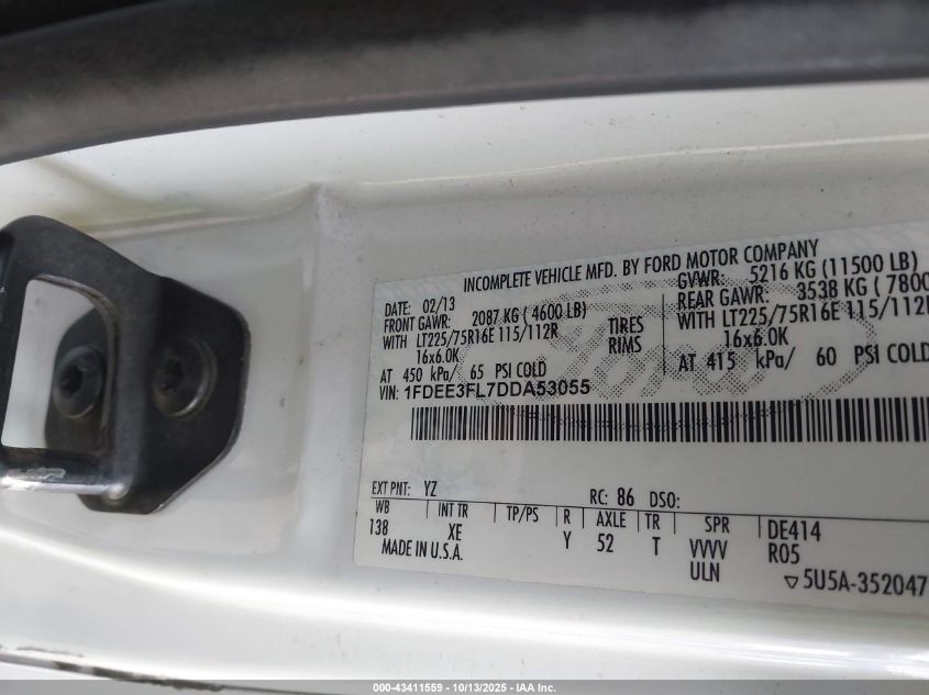 2013 Ford E-350 Cutaway VIN: 1FDEE3FL7DDA53055 Lot: 43411559