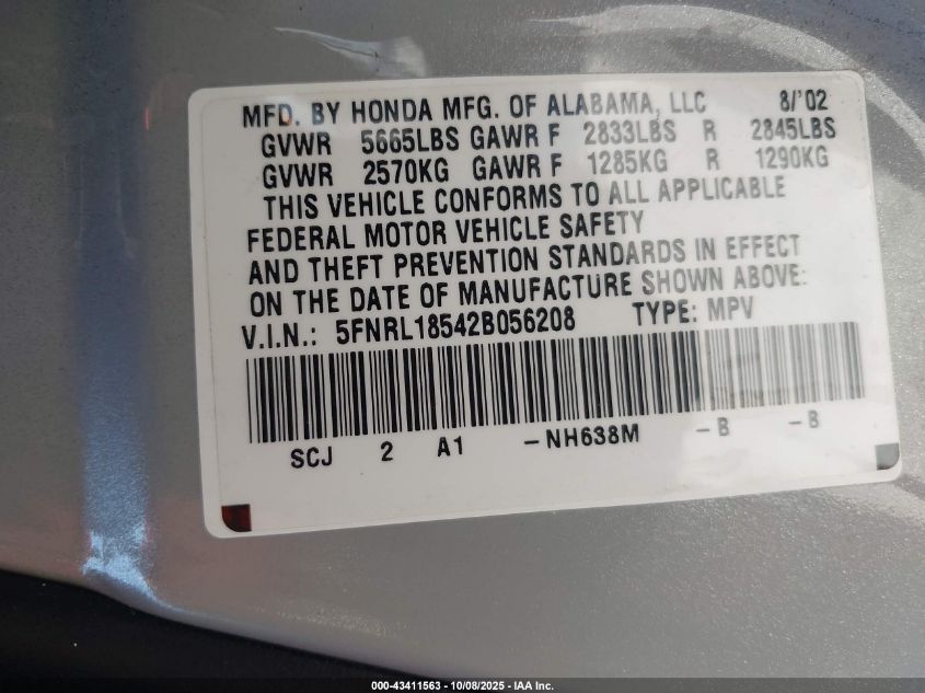 2002 Honda Odyssey Lx VIN: 5FNRL18542B056208 Lot: 43411563