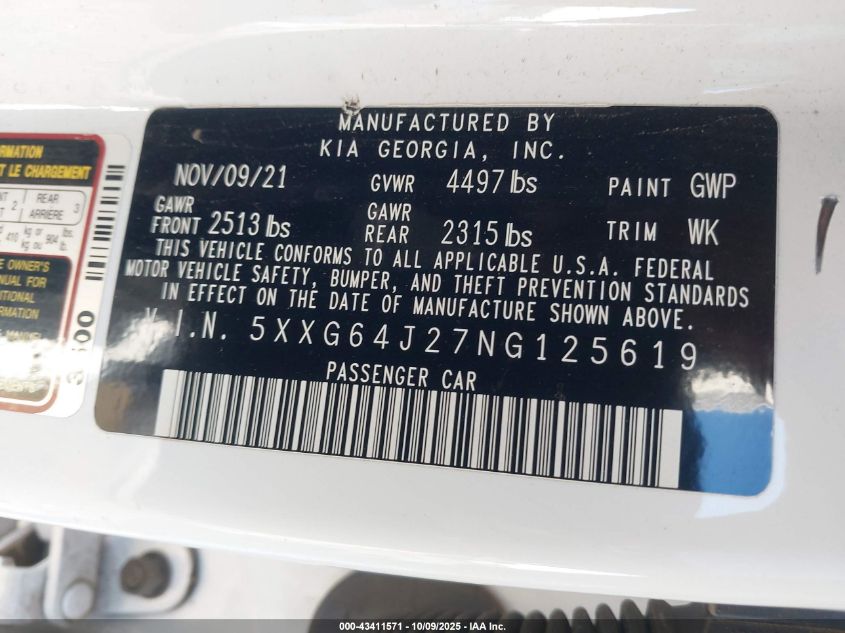2022 Kia K5 Gt-Line VIN: 5XXG64J27NG125619 Lot: 43411571