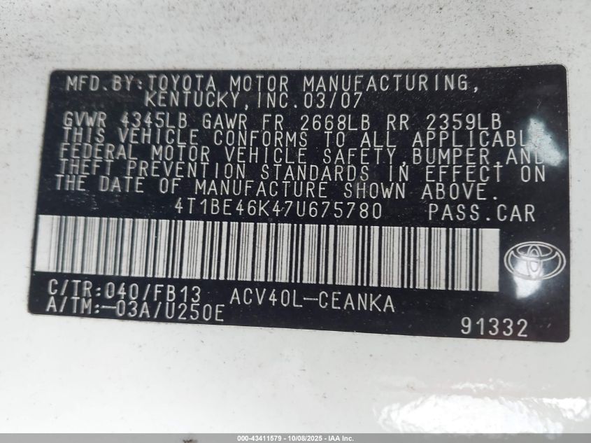 2007 Toyota Camry Le VIN: 4T1BE46K47U675780 Lot: 43411579