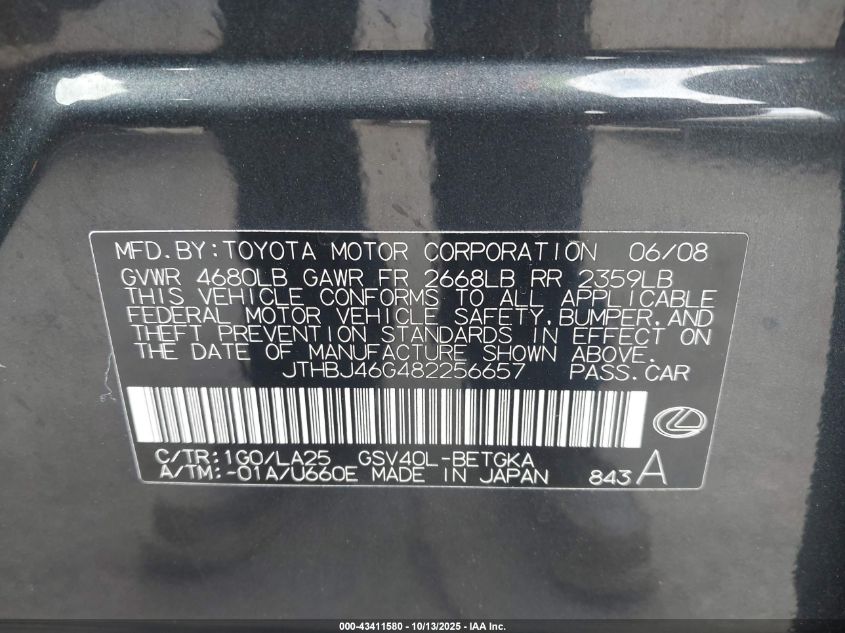 2008 Lexus Es 350 VIN: JTHBJ46G482256657 Lot: 43411580