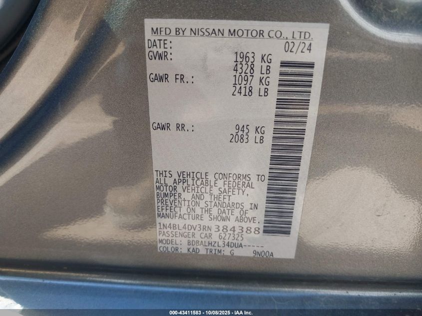 2024 Nissan Altima Sv Fwd VIN: 1N4BL4DV3RN384388 Lot: 43411583