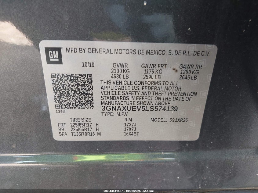 2020 CHEVROLET EQUINOX AWD LT 1.5L TURBO 3GNAXUEV5LS574139