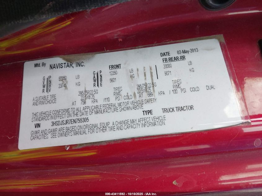 2014 International Prostar VIN: 3HSDJSJR7EN755305 Lot: 43411592