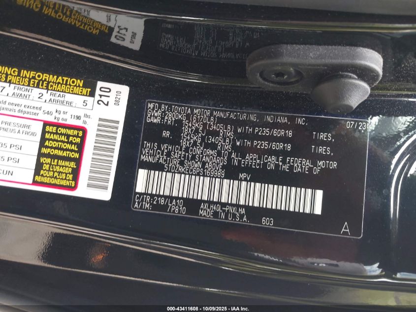 2023 Toyota Sienna Limited VIN: 5TDZRKEC6PS169989 Lot: 43411608