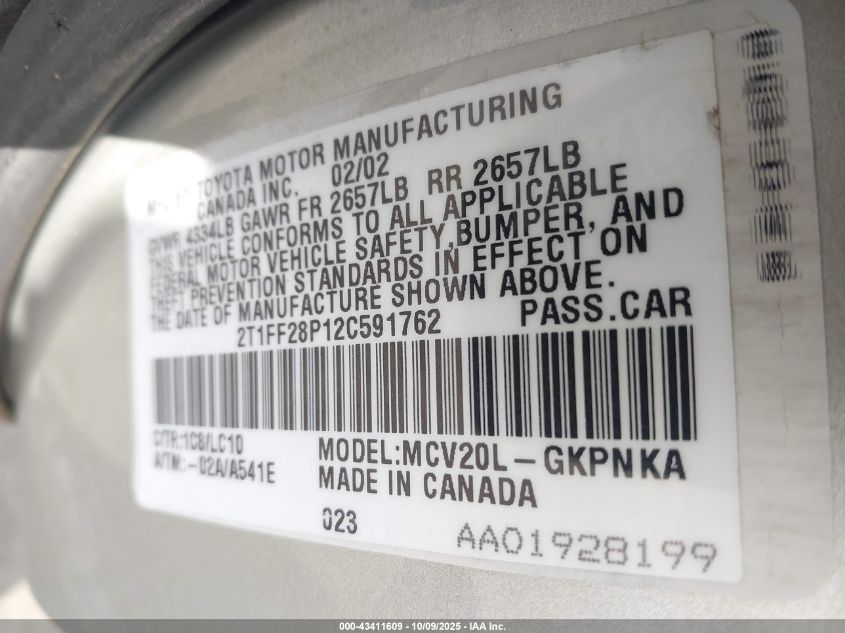 2002 Toyota Camry Solara Sle V6 VIN: 2T1FF28P12C591762 Lot: 43411609