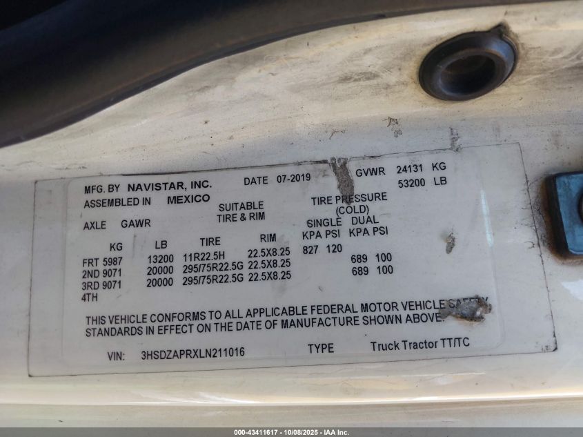 2020 International Lt VIN: 3HSDZAPRXLN211016 Lot: 43411617