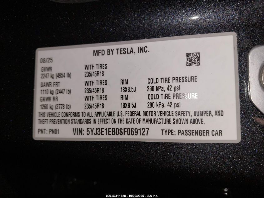 2025 Tesla Model 3 Long Range All-Wheel Drive VIN: 5YJ3E1EB0SF069127 Lot: 43411628