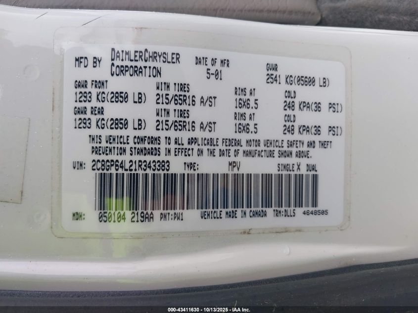 2001 Chrysler Town & Country Limited VIN: 2C8GP64L21R343383 Lot: 43411630