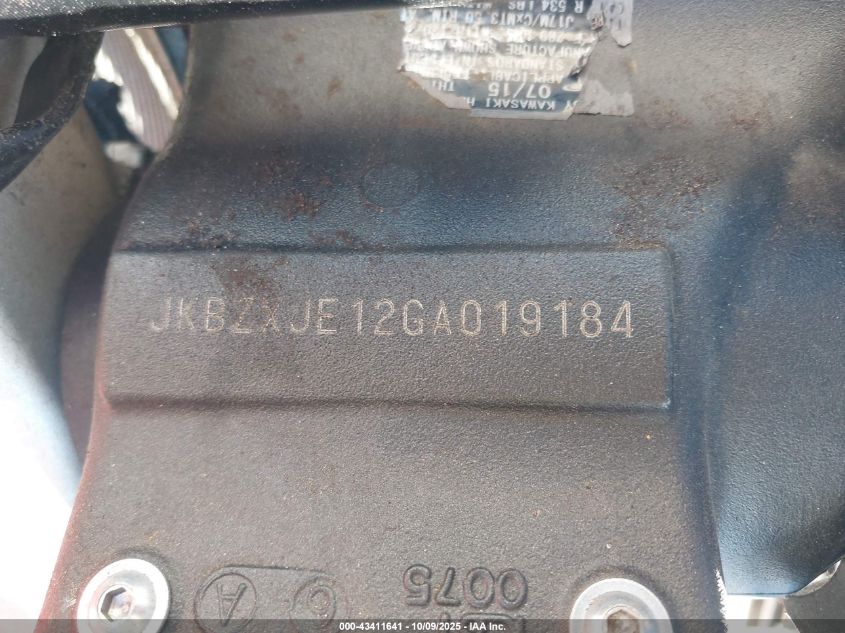 2016 Kawasaki Zx636 E VIN: JKBZXJE12GA019184 Lot: 43411641