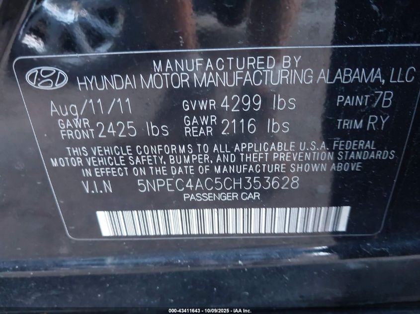 2012 Hyundai Sonata Limited VIN: 5NPEC4AC5CH353628 Lot: 43411643