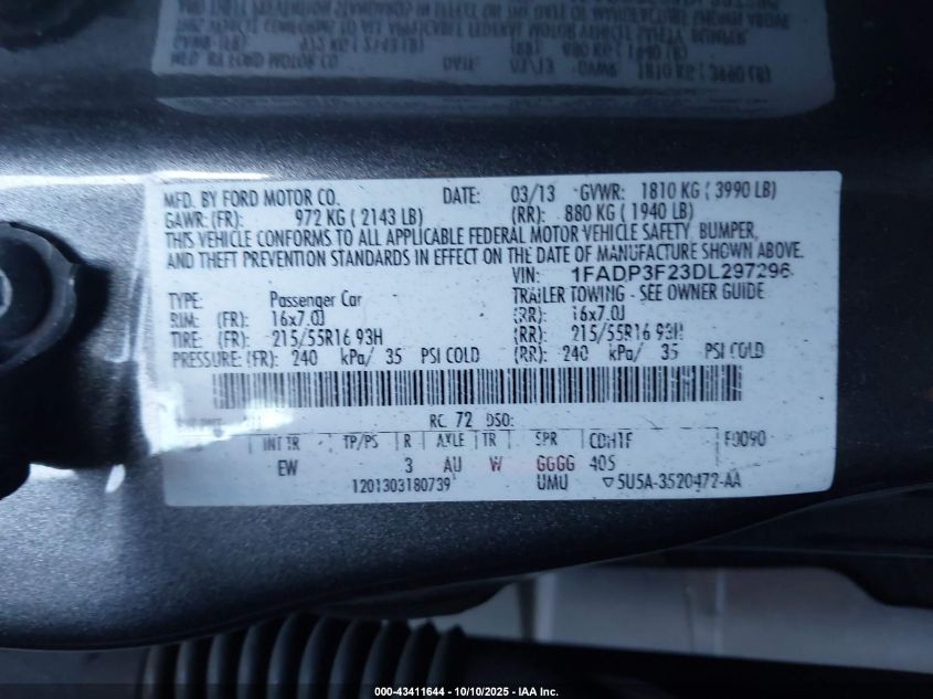 2013 Ford Focus Se VIN: 1FADP3F23DL297296 Lot: 43411644