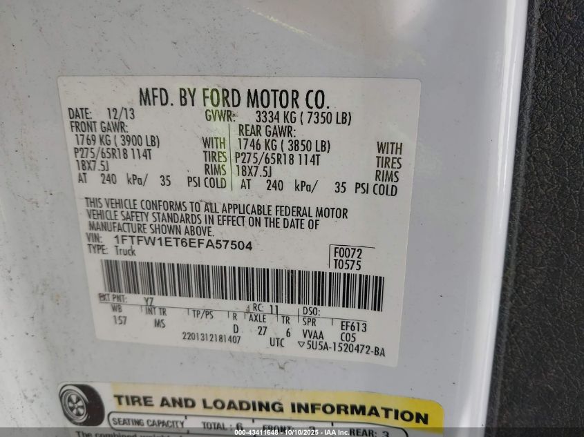 2014 Ford F-150 Xlt VIN: 1FTFW1ET6EFA57504 Lot: 43411648