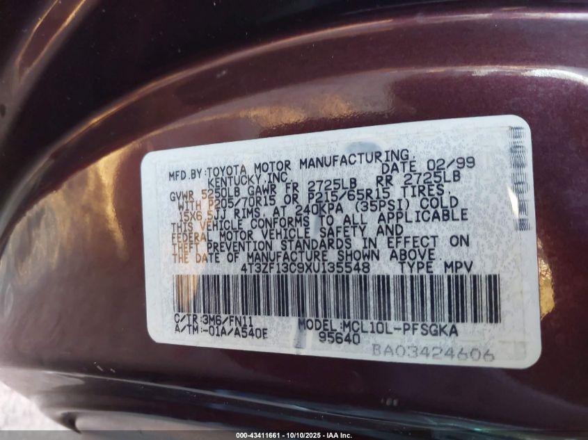 1999 Toyota Sienna Le VIN: 4T3ZF13C9XU135548 Lot: 43411661