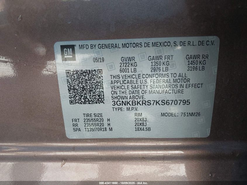 2019 Chevrolet Blazer Premier VIN: 3GNKBKRS7KS670795 Lot: 43411668