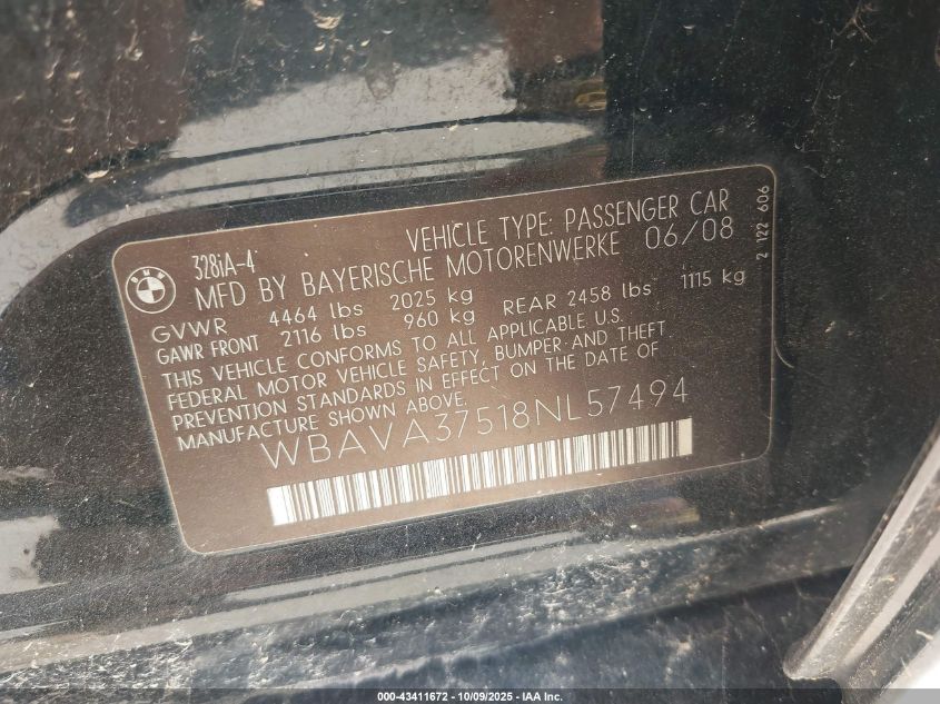 2008 BMW 328I VIN: WBAVA37518NL57494 Lot: 43411672