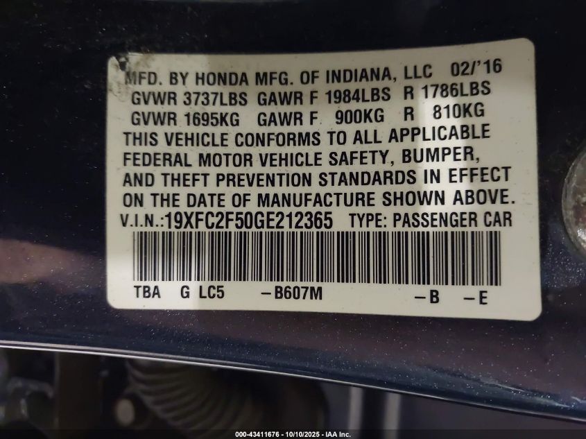2016 Honda Civic Lx VIN: 19XFC2F50GE212365 Lot: 43411676