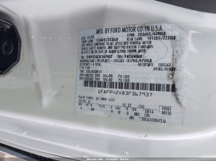 2003 Ford Mustang Gt VIN: 1FAFP42X83F367937 Lot: 43411690