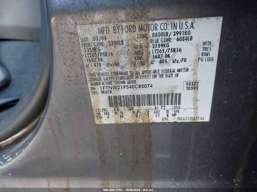 2004 Ford F-250 Lariat/Xl/Xlt VIN: 1FTNW21P54EC82074 Lot: 43411703
