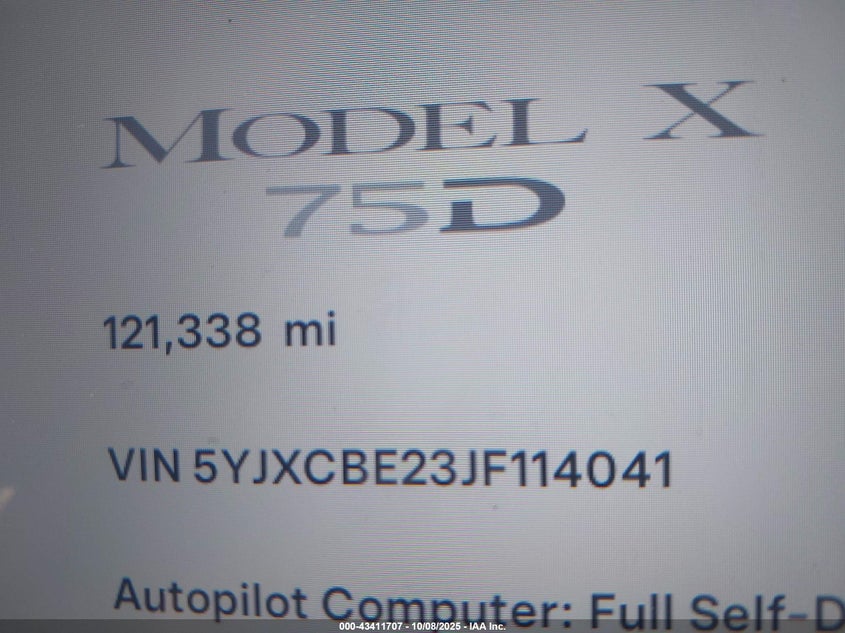 2018 Tesla Model X 100D/75D/P100D VIN: 5YJXCBE23JF114041 Lot: 43411707