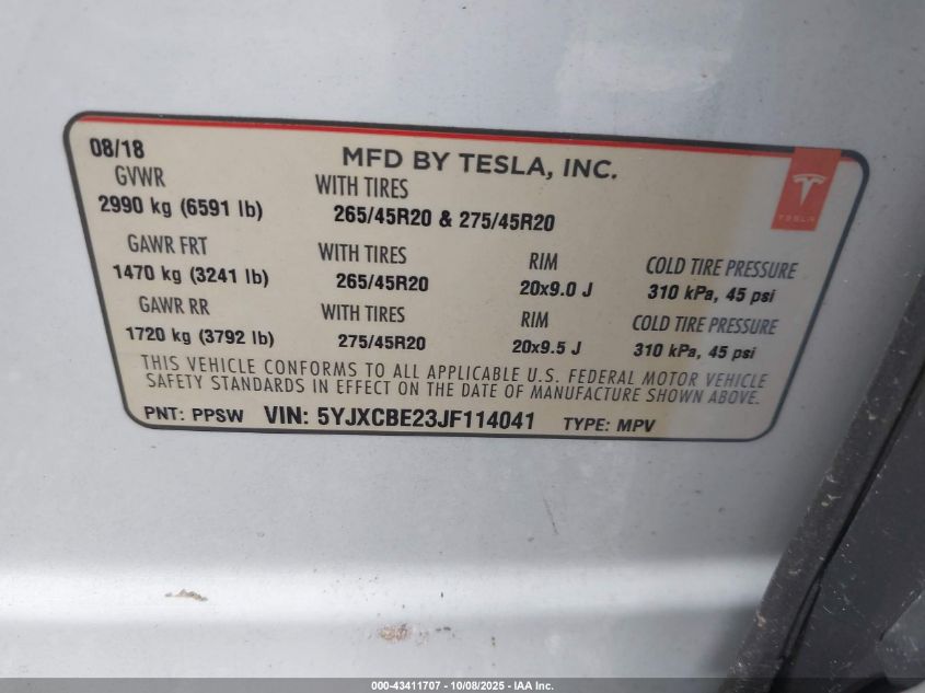 2018 Tesla Model X 100D/75D/P100D VIN: 5YJXCBE23JF114041 Lot: 43411707