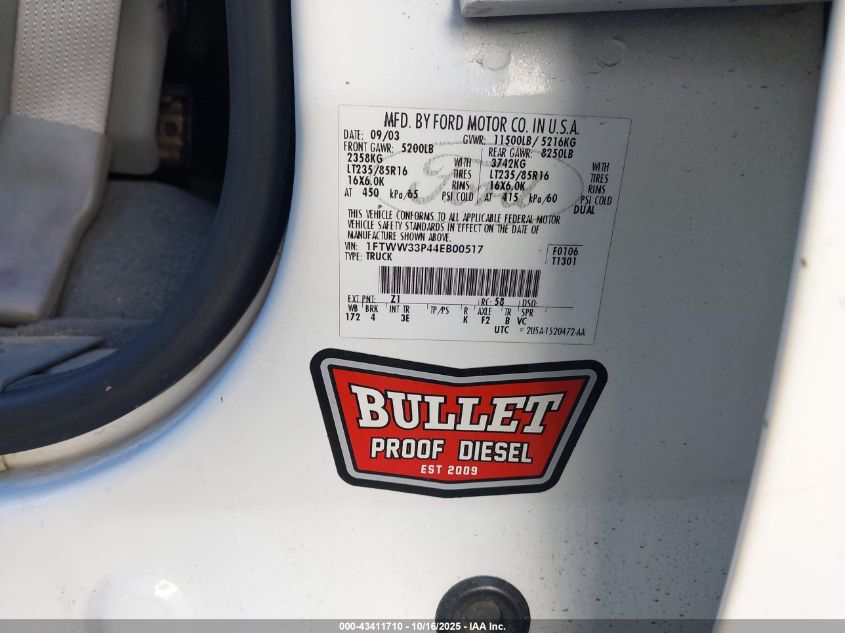 2004 Ford F-350 Lariat/Xl/Xlt VIN: 1FTWW33P44EB00517 Lot: 43411710