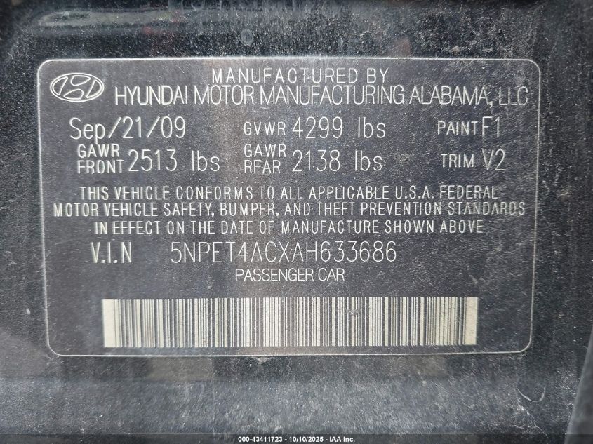2010 Hyundai Sonata Gls VIN: 5NPET4ACXAH633686 Lot: 43411723