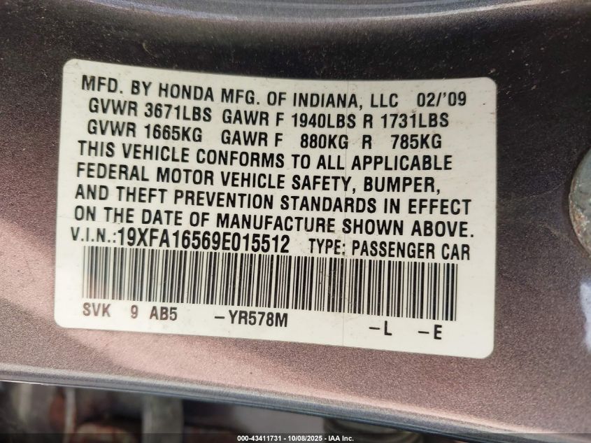 2009 Honda Civic Lx VIN: 19XFA16569E015512 Lot: 43411731