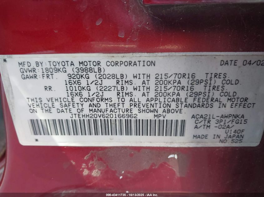 2002 Toyota Rav4 VIN: JTEHH20V620166962 Lot: 43411735